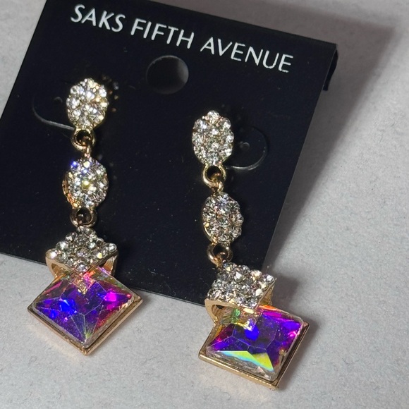 Saks Fifth Ave Pave Teardrop Crystal Post With Drop AB Crystal Earrings - Picture 2 of 9